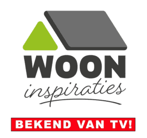 Logo Woon Inspiraties interieur ideeën met groen-grijs dakpictogram en rode Bekend van TV banner