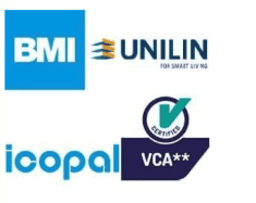 Logo’s van bouwmerken BMI, Unilin en Icopal met VCA** certificering