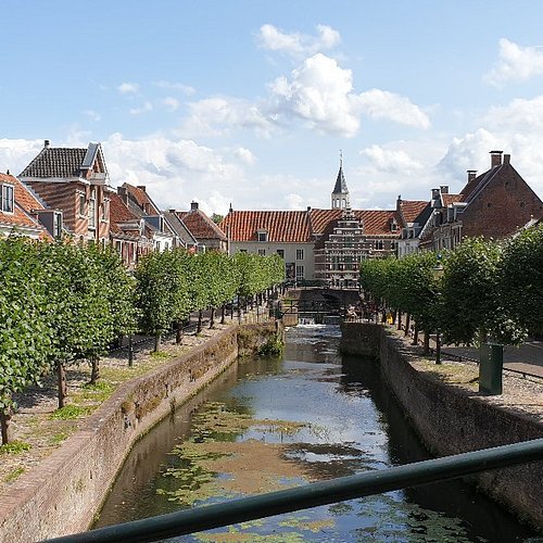 Pittoresk Nederlands stadskanaal met lindebomen, rode daken, historische gevels en kerkspits
