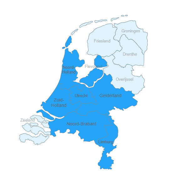 Nederlandse kaart met blauw gemarkeerde provincies: Zuid-, Noord-Holland, Utrecht, Flevoland, Gelderland, Noord-Brabant en Limburg