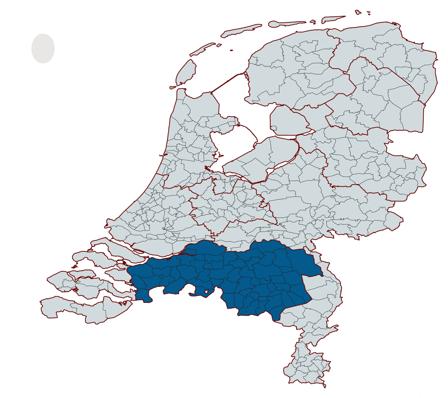 Kaart van Nederland met zuidelijke gemeenten in blauw gemarkeerd